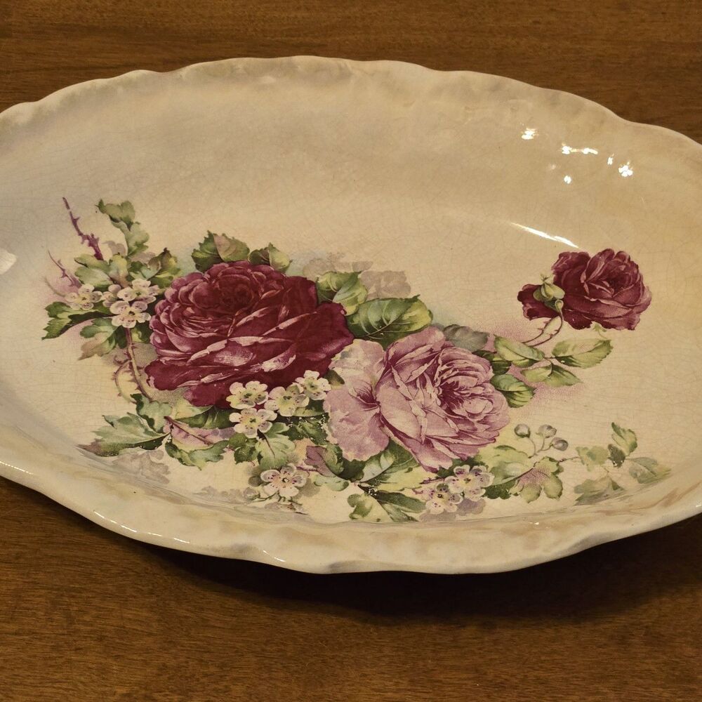 Antq Vtg HOMER LAUGHLIN Hudson Platter Painted Floral Gold Scalloped Edge 12 X 9 - Picture 6 of 9
